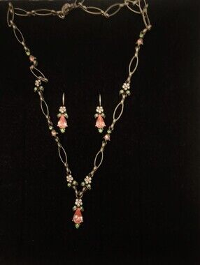Sweet Romance USA Pink Crystal Floral Necklace Earrings Set Vintage Style